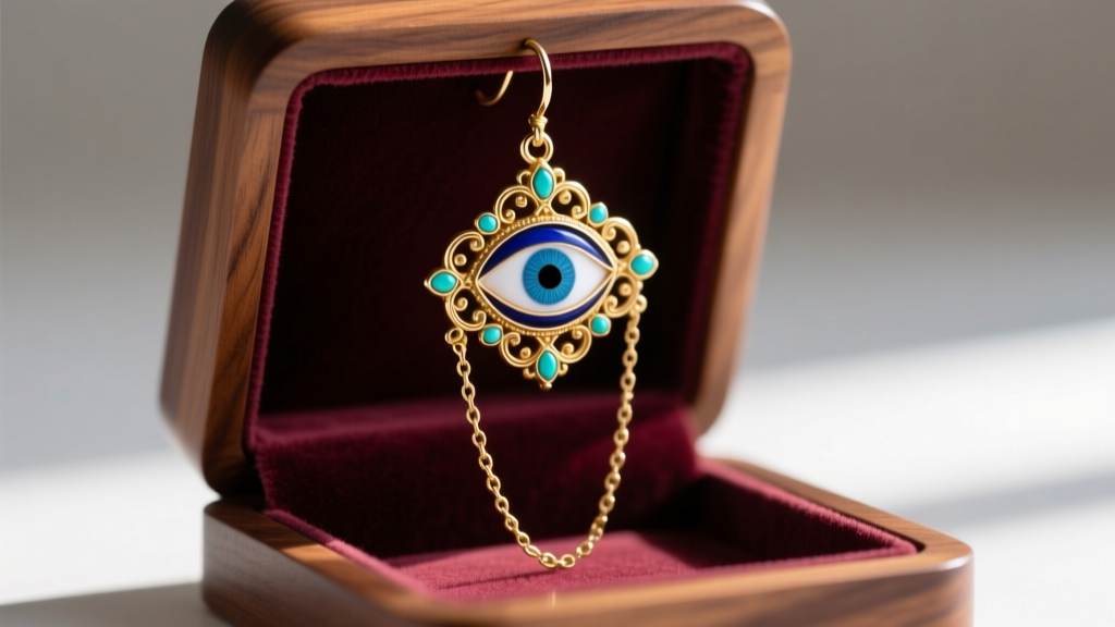 Evil eye dangle earrings hanging individually from a velvet-lined wooden stand, preventing the delicate gold chains from tangling.