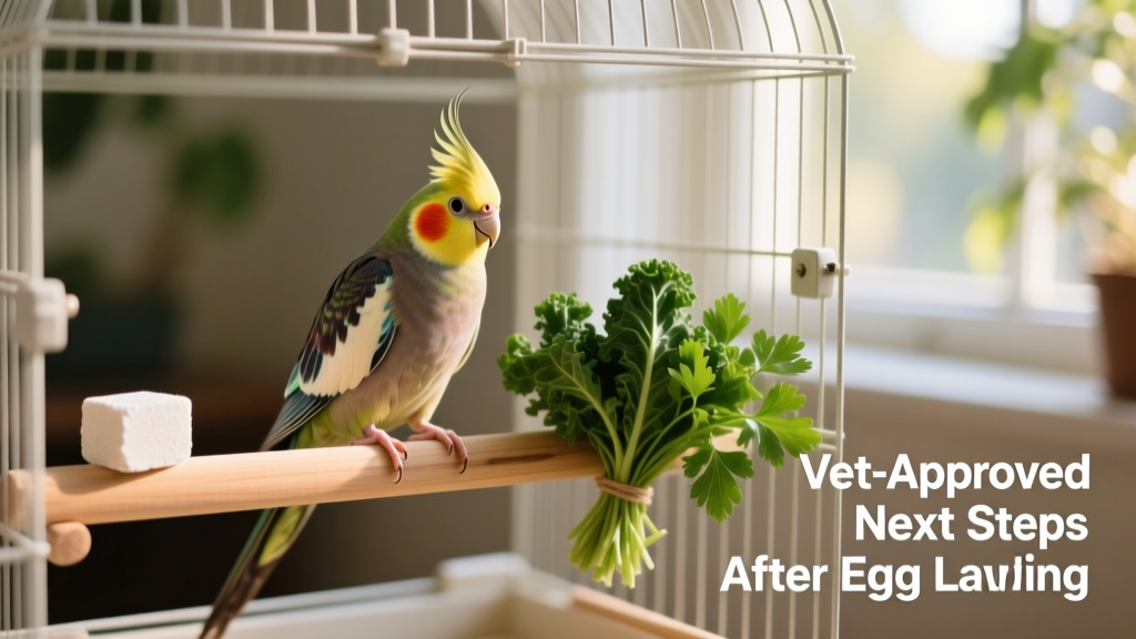 Cockatiel perched calmly on a natural wood perch beside a calcium block and fresh greens in a simplified, uncluttered cage