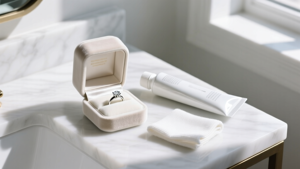 Opened velvet ring box beside a squeezed tube of white toothpaste and a microfiber polishing cloth on a bright marble vanity.