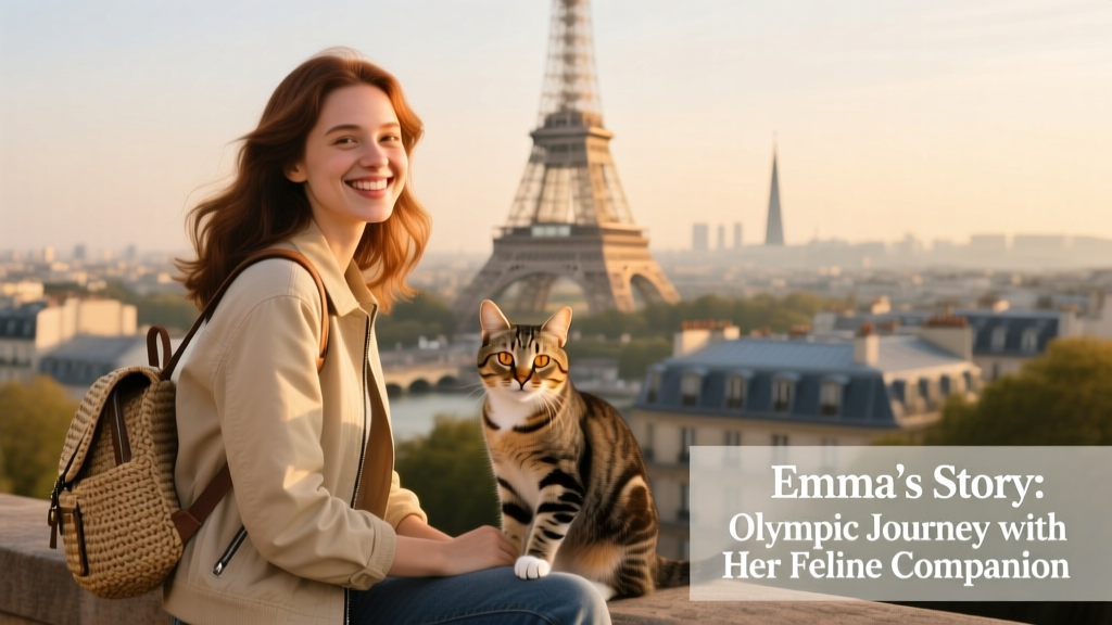Emma smiling beside the Eiffel Tower with a small backpack and city skyline in the background
