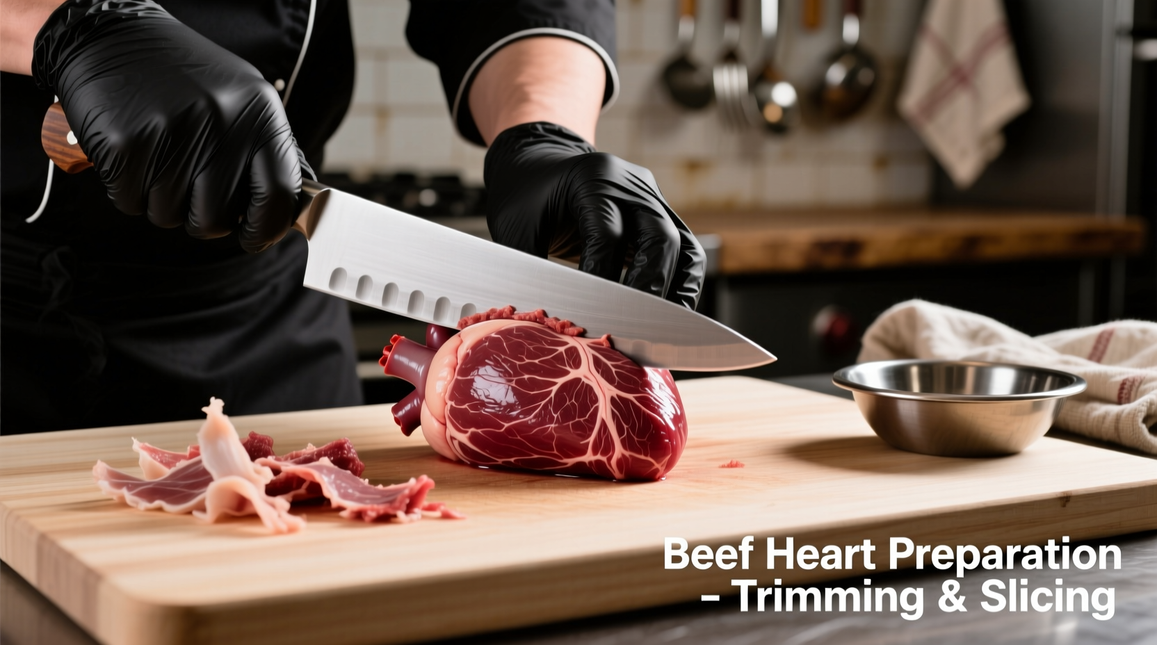 Beef heart preparation showing trimming and slicing