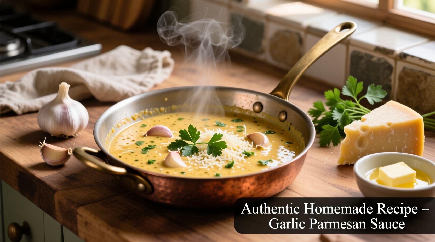 Homemade garlic parmesan sauce in copper pan with fresh ingredients