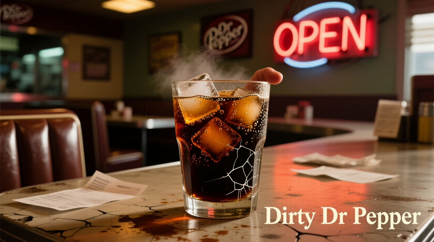 Dirty Dr Pepper cocktail in a rocks glass with ice
