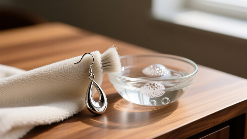 Macro shot of a cloth polishing the wire hook of a silver tear drop earring, next to a glass bowl of soapy water on a wooden desk.