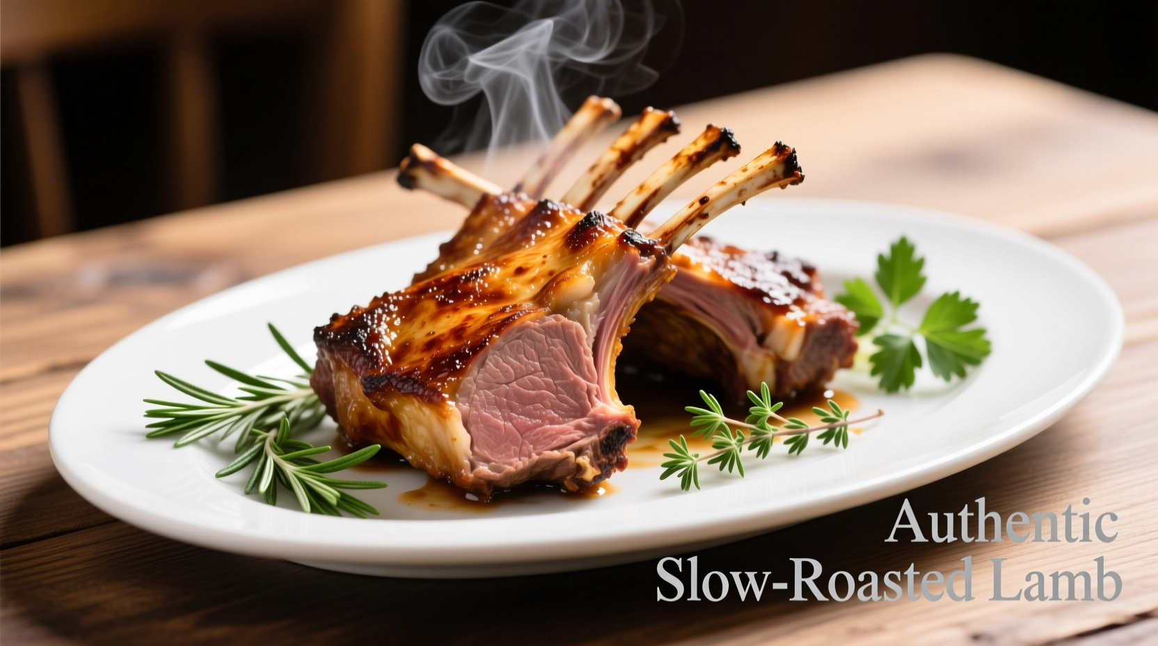 Perfectly cooked lamb ribs on a platter with herbs