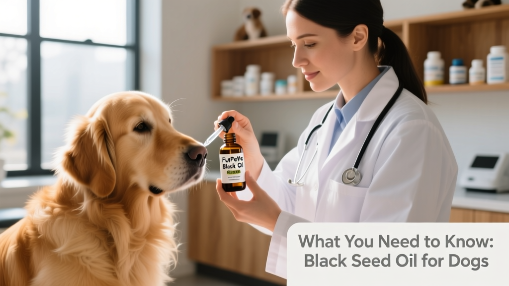 Veterinarian gently examining a dog’s coat while holding a dropper bottle labeled FurPetVo Black Seed Oil