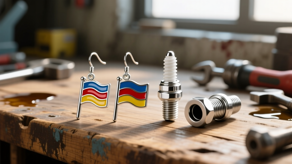 Epoxy enamel racing flag drop earrings and silver spark plug ear tunnels arranged neatly on a rustic wooden mechanic's workbench.