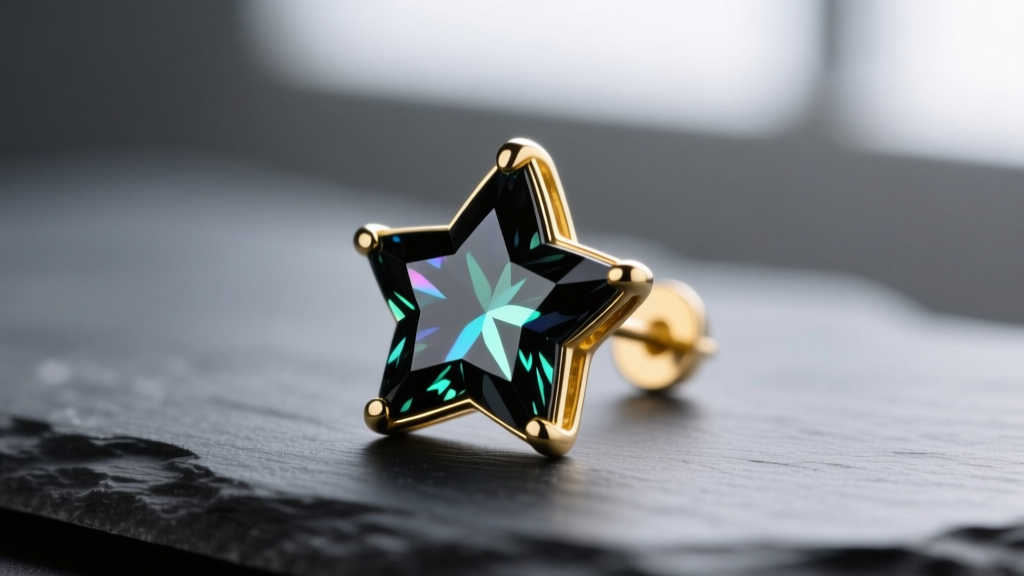 Close-up of a four-ray black star diopside drop earring in a protective 14k yellow gold bezel, resting on a dark slate surface.