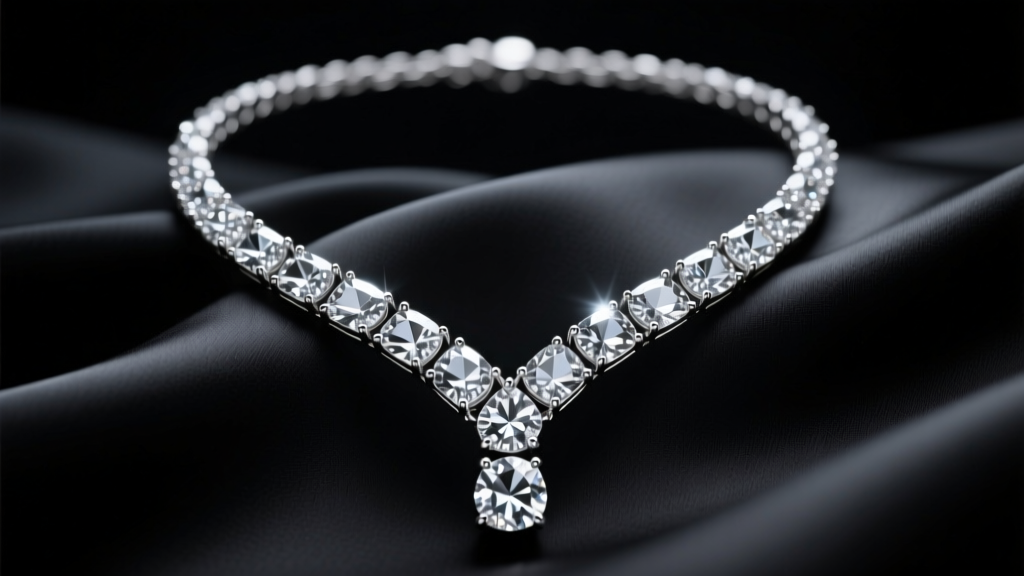 Close-up of a silver rhinestone lariat necklace draped in a Y-shape over black silk, studio lighting highlighting crystal facets