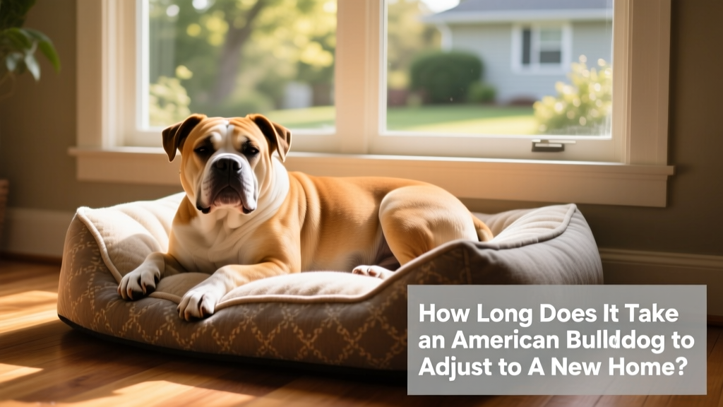 American Bulldog lying contentedly on a cozy dog bed beside a window, sunlight streaming in