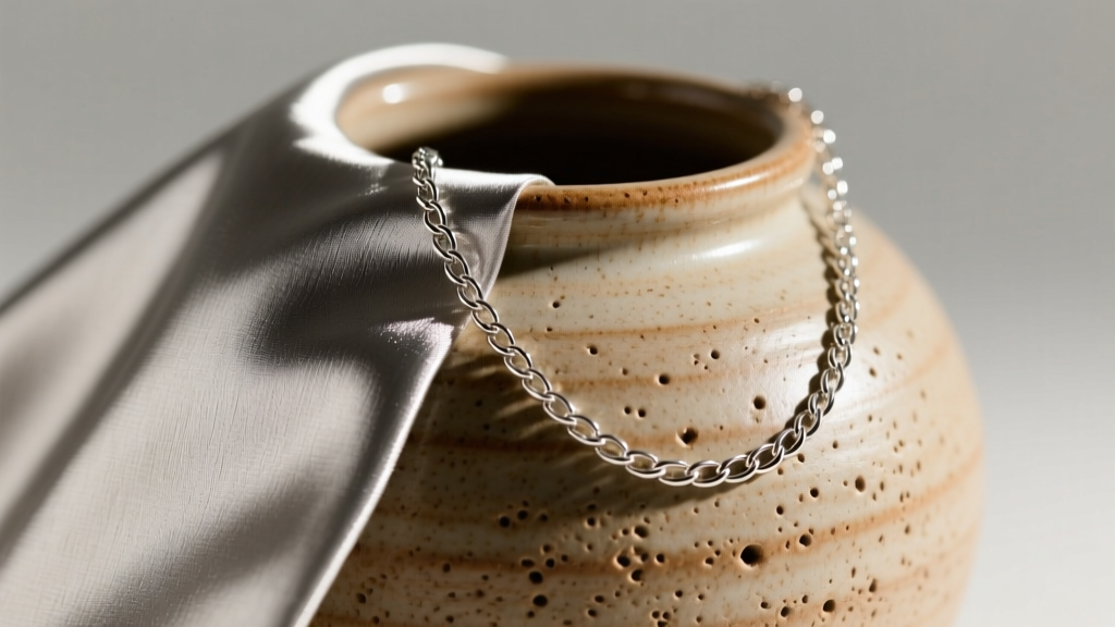 Close-up of unglazed ceramic interior next to Pacific Silvercloth lining protecting a delicate sterling silver chain from tarnish.
