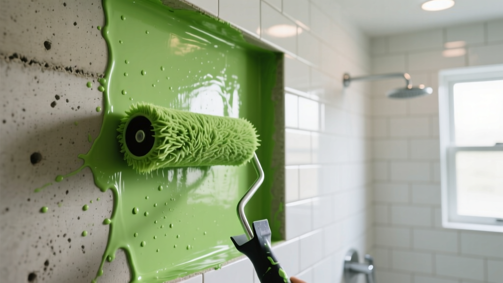 Close-up of a paint roller applying bright green liquid waterproofing membrane over a cement backer board in a modern bathroom shower niche