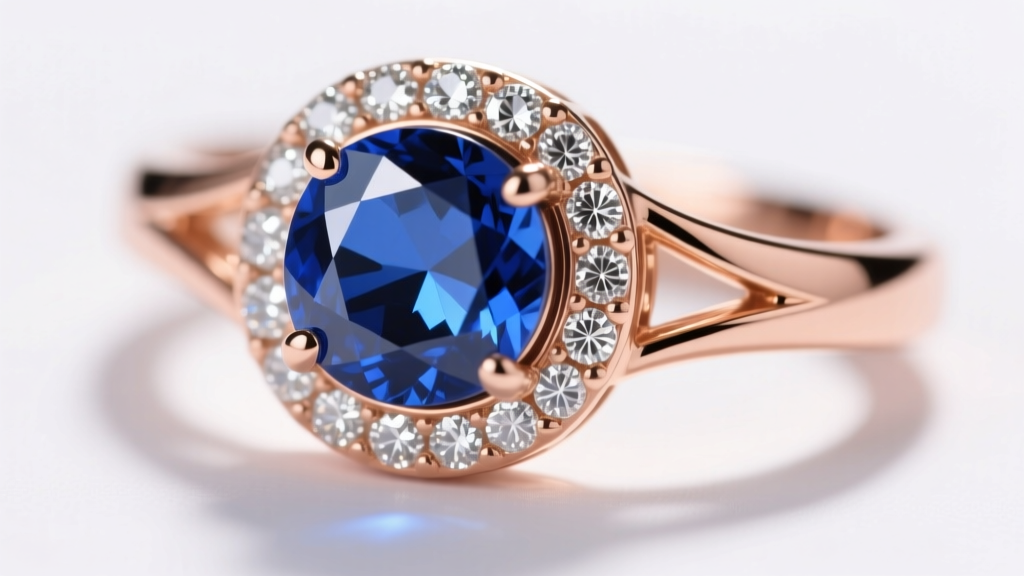 Macro shot of an 18k rose gold bezel setting securing a vibrant unheated Ceylon blue sapphire pendant with tiny diamond accents.