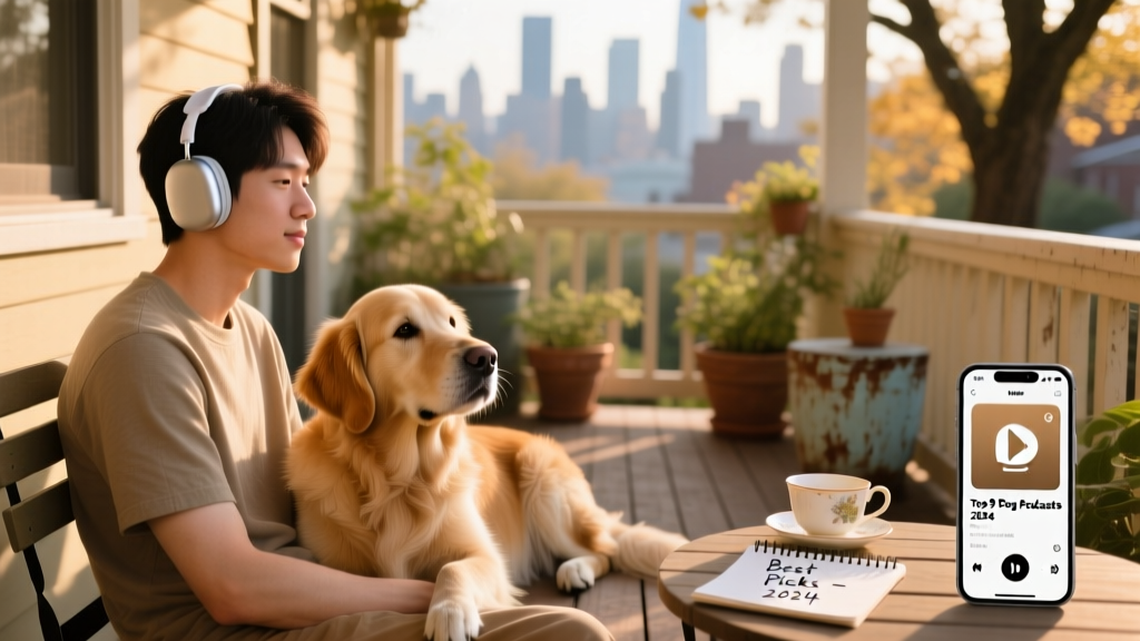 A person listening to a podcast on headphones while sitting beside their calm, attentive dog