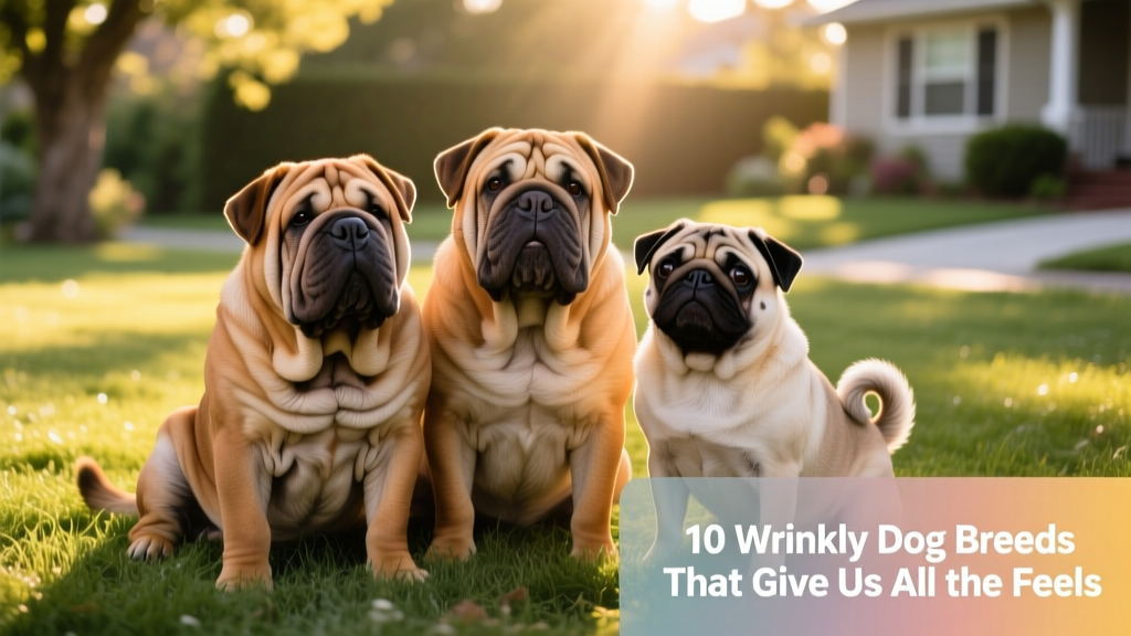 A playful group of wrinkly dogs including a Shar-Pei, Bulldog, and Pug sitting together on a grassy lawn