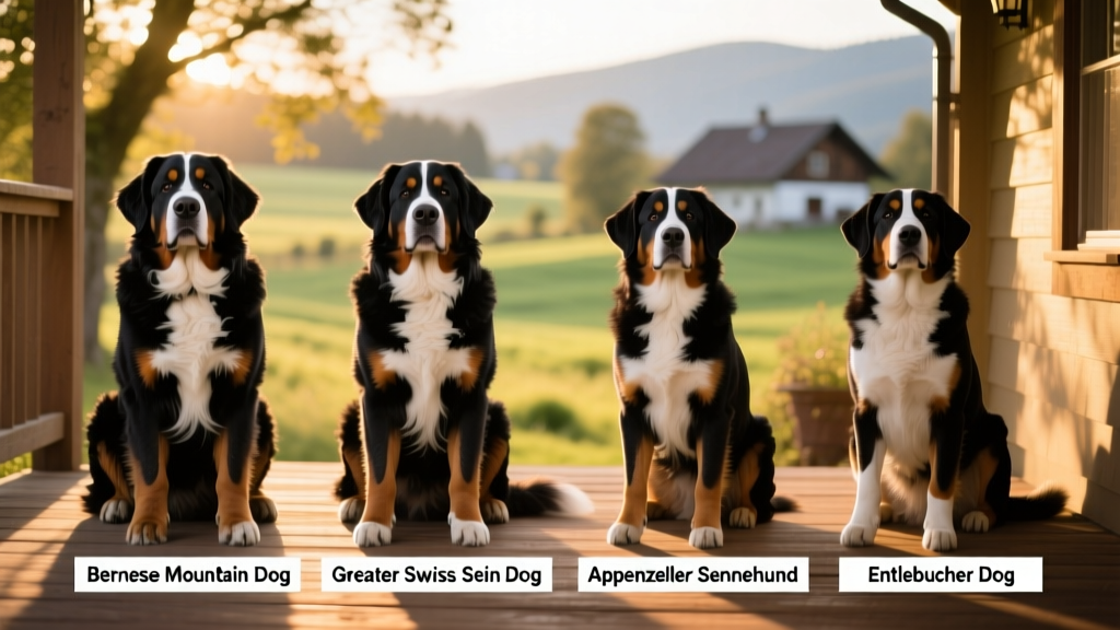 A side-by-side comparison of four Sennenhund breeds: Bernese Mountain Dog, Greater Swiss Mountain Dog, Appenzeller Sennenhund, and Entlebucher Mountain Dog, highlighting their shared tri-color patterning and varying sizes