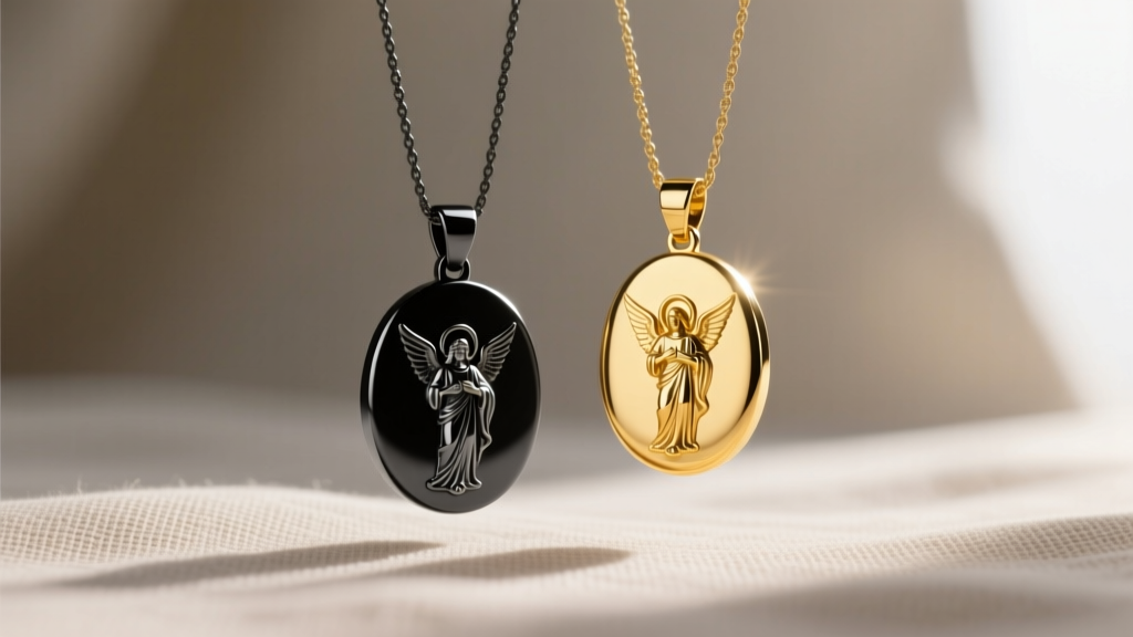 Matte black stainless steel St. Michael pendant next to a high-polish 14k yellow gold version on a neutral linen background