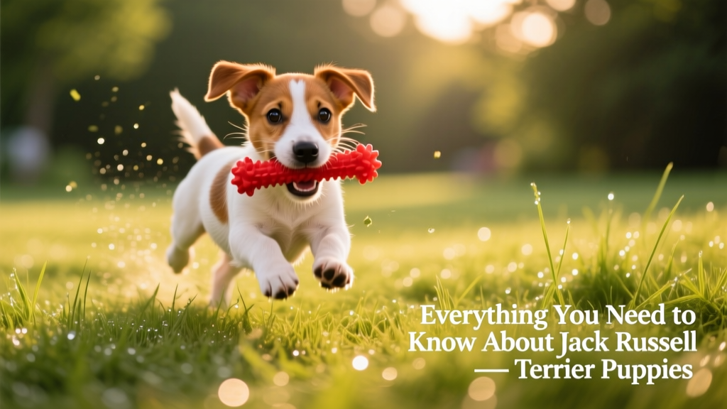A joyful Jack Russell puppy sprinting across grass with a brightly colored chew toy clamped firmly in its mouth
