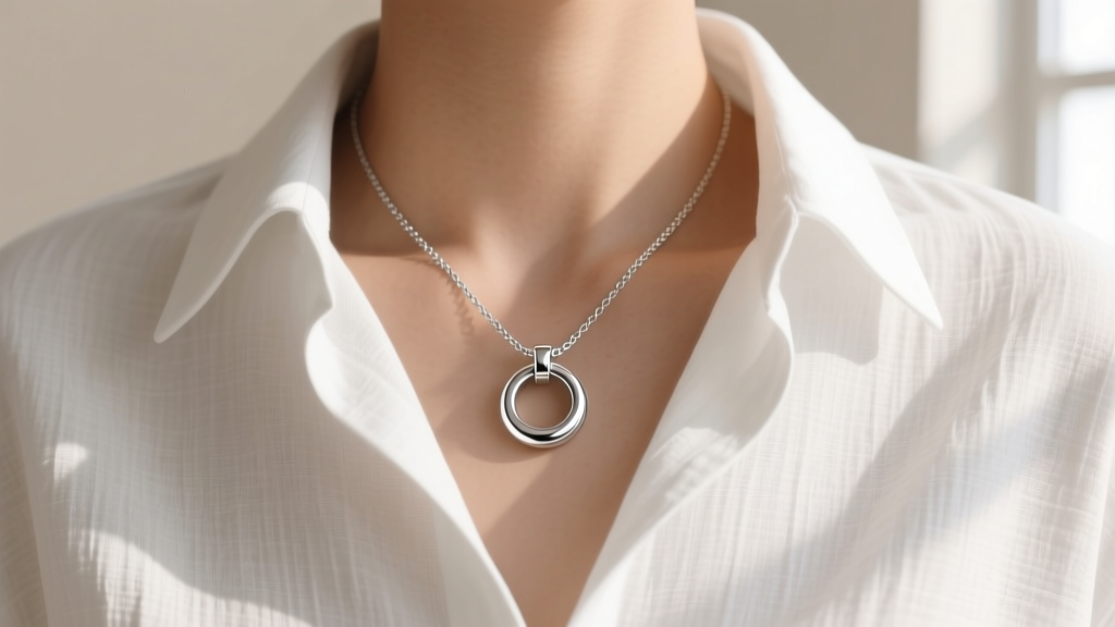 Silver ring pendant necklace centered in the open collar of a white linen button-down shirt, illuminated by soft natural daylight.