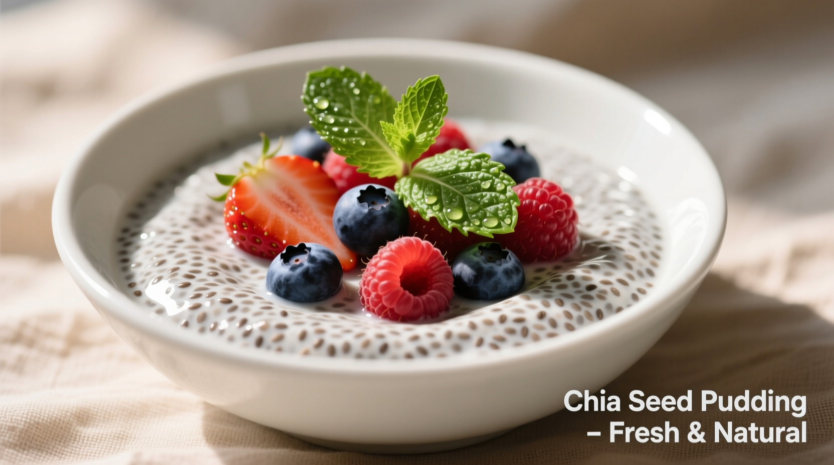 Chia seed pudding with fresh berries and mint garnish