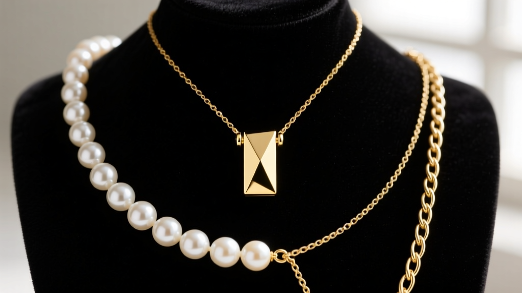 Gold necklaces on black velvet, highlighting an 18k gold barbell pendant flanked by a pearl choker and a delicate lariat chain