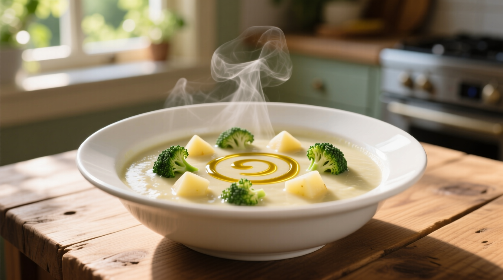 Creamy broccoli soup with potato in white bowl