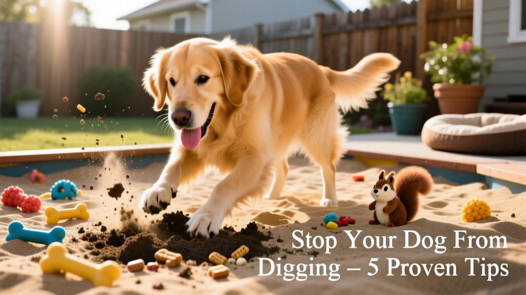 A dog happily digging in a designated sandbox area with toys and treats hidden in the soil