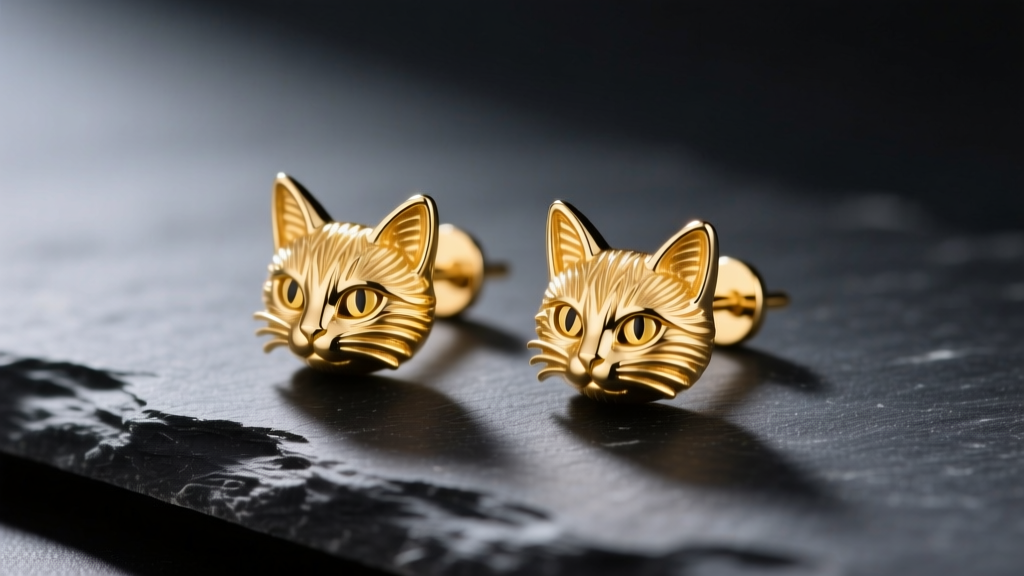 Macro shot of 14k yellow gold cat stud earrings resting on a dark slate surface, illuminated by soft directional studio lighting.