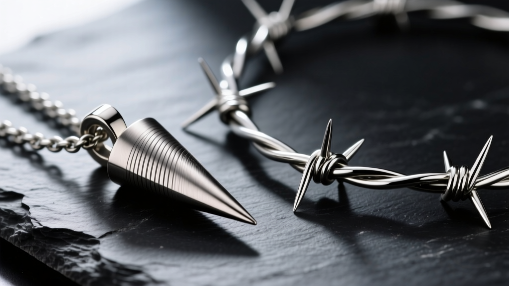 Macro shot of a brushed titanium spike pendant and a polished 316L stainless steel barbed wire choker on a dark slate surface.