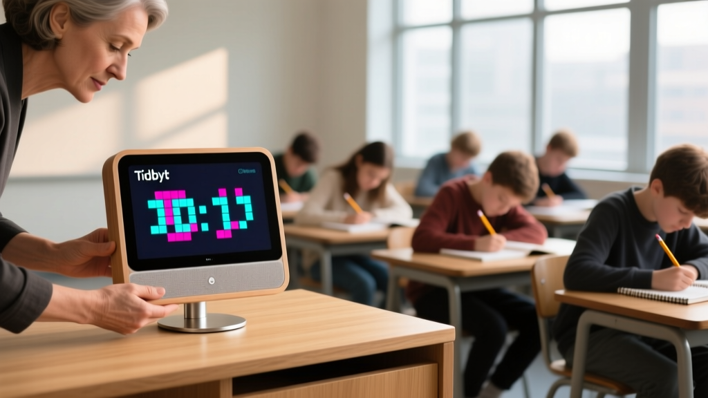 Teacher adjusting a wooden Tidbyt smart display on desk showing a pixel-art countdown timer while students work quietly in background