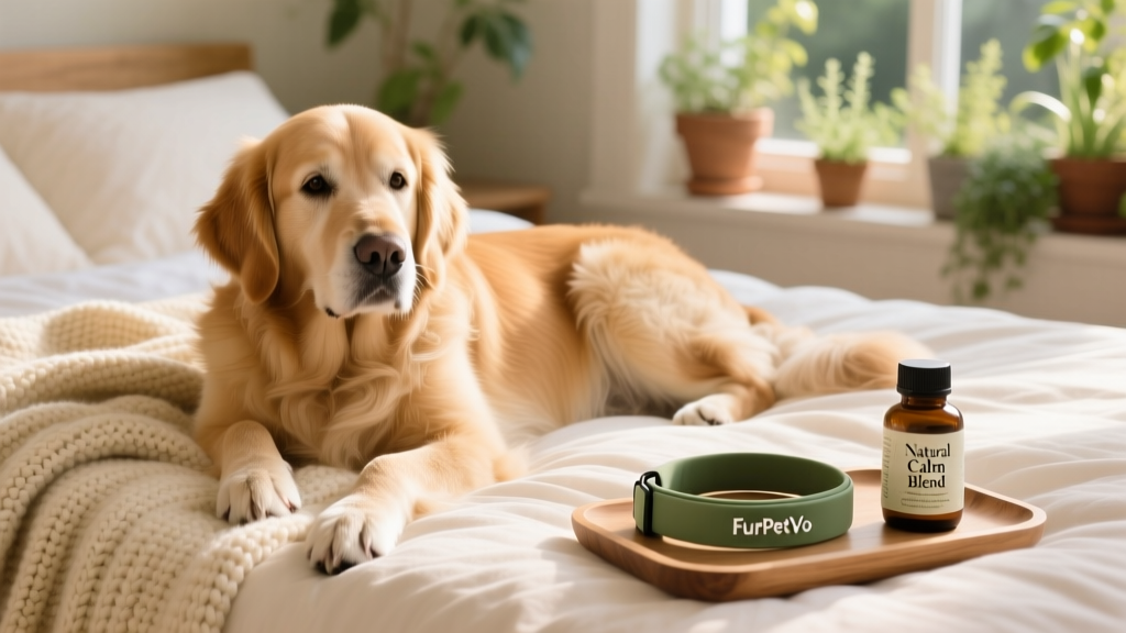 A relaxed dog resting on a cozy bed beside a FurPetVo calming collar and herbal supplement bottle