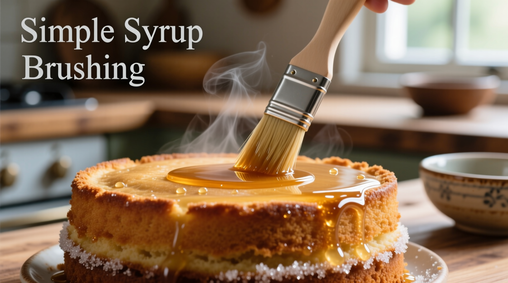 Brushing simple syrup on warm cake layers
