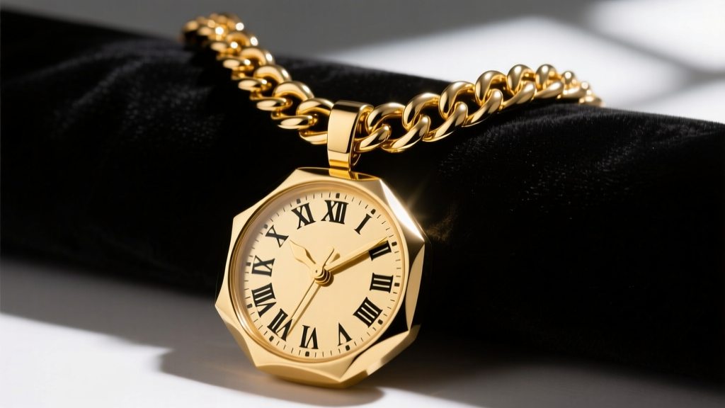 Massive gold-plated hip-hop clock necklace pendant on black velvet, showing the Roman numeral dial and a thick Cuban link chain.