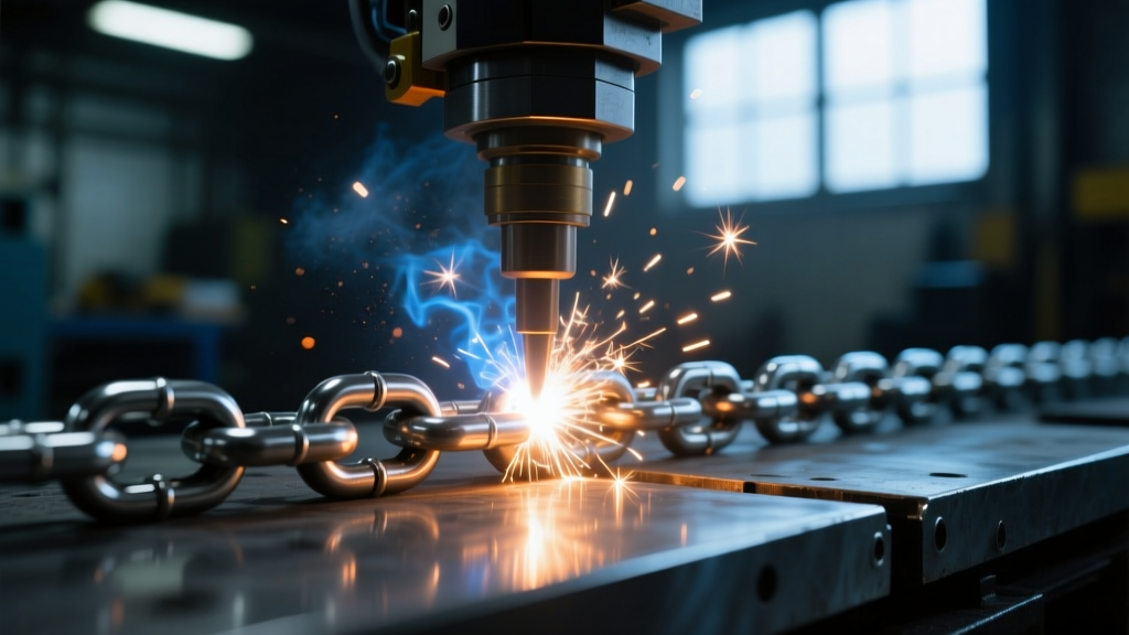 Macro shot of a laser welder repairing a titanium chain link, showing a bright microscopic spark in a dark workshop setting.