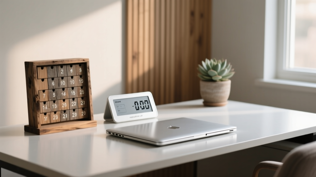 Minimalist home office desk featuring a reclaimed wood advent calendar and a low-power e-ink countdown display next to a silver laptop.