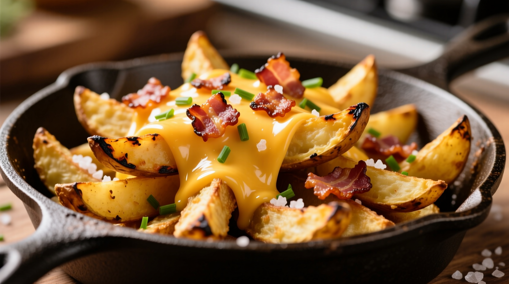 Golden brown loaded potato wedges with melted cheese and bacon