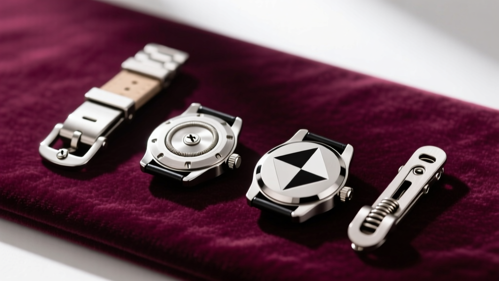 Macro shot of four clip-on backs on velvet: a magnetic clasp, screw-back, paddle-back, and an invisible spring clip mechanism.