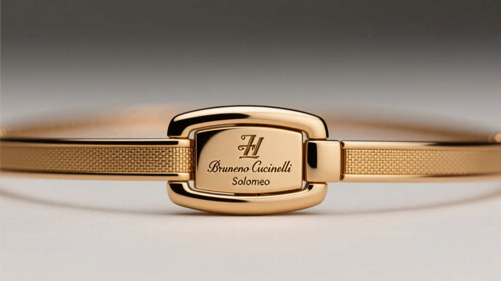 Authentic Brunello Cucinelli necklace clasp displaying the Solomeo hallmark and serial number under a jeweler's loupe.