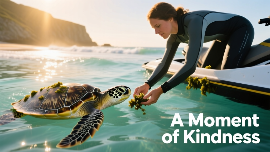 Jet skier gently removing barnacles from a small sea turtle floating in clear blue water