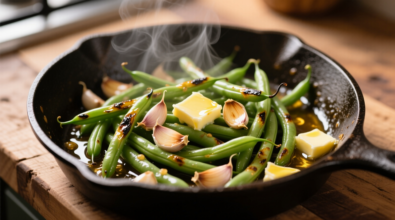 Crisp string beans with garlic and butter in skillet
