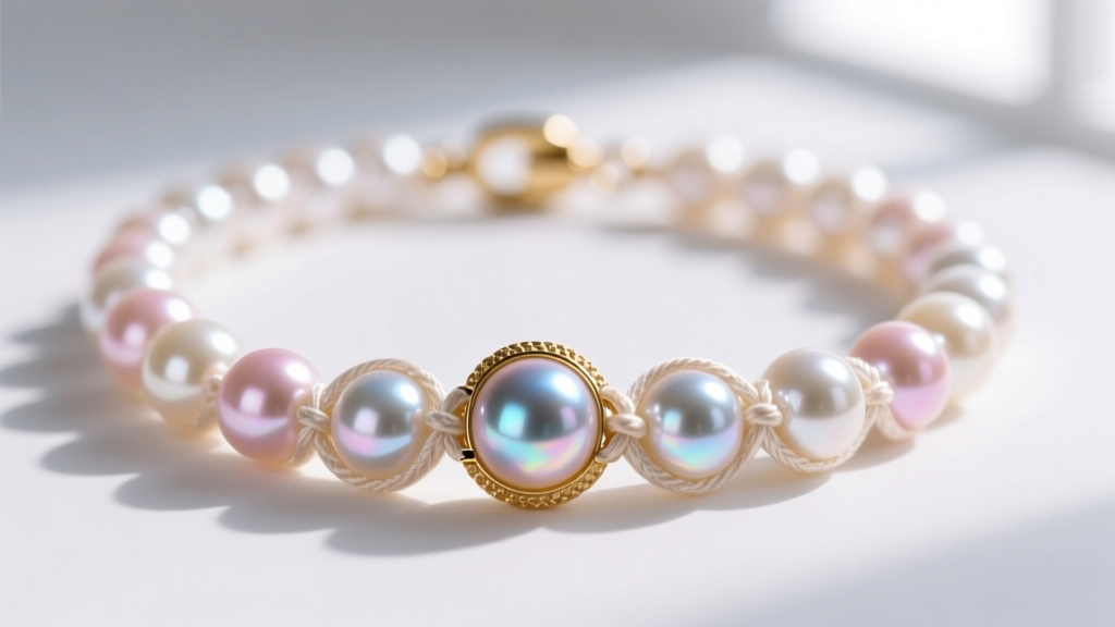Macro shot of a freshwater pearl choker with gold vermeil clasp, highlighting iridescent nacre luster and delicate silk knotting