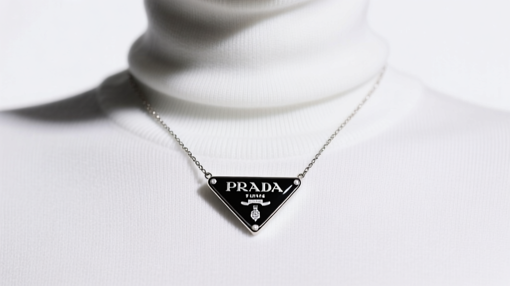 Black enameled Prada triangle pendant necklace resting on a white turtleneck, illuminated by soft directional studio lighting