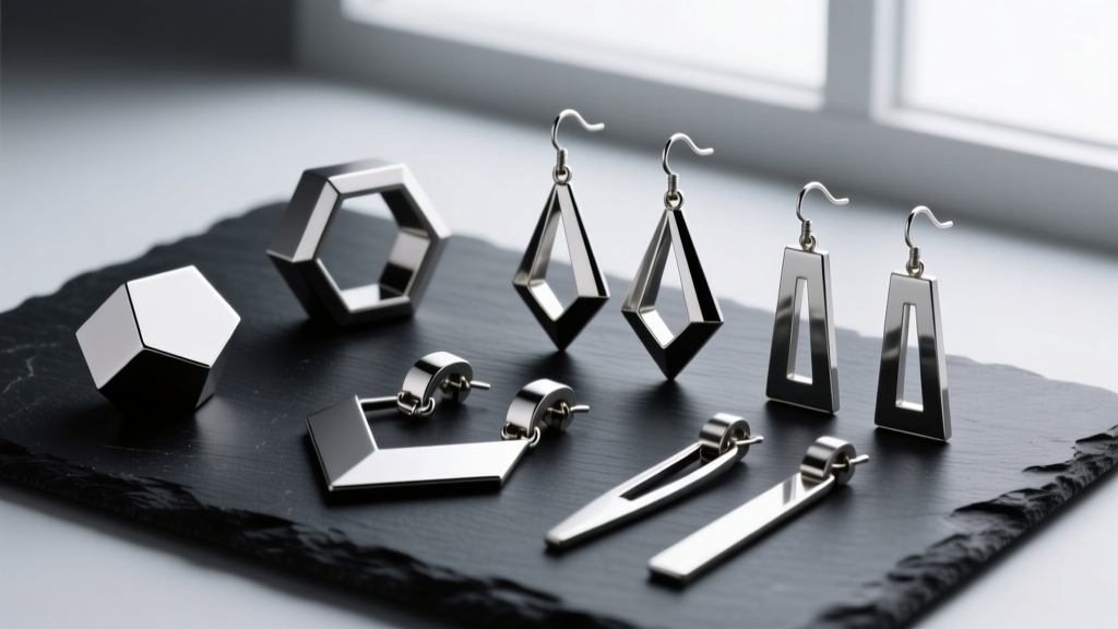 Flat lay of large titanium mens dangle earrings on black slate, showing varying lengths and geometric shapes under soft light.