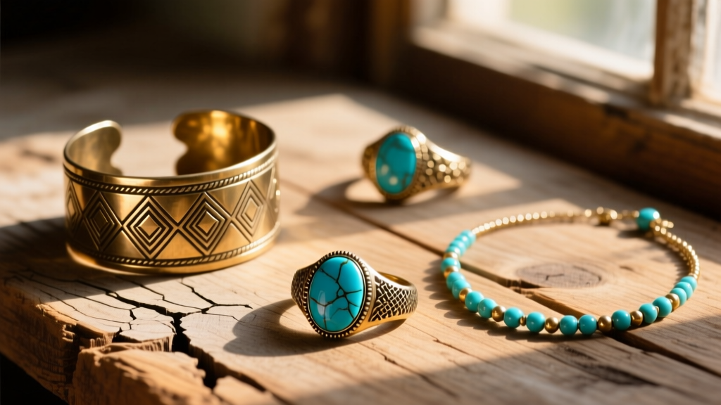 Flatlay of vintage 1970s hippie jewelry, hammered brass cuffs, and turquoise rings on rustic wood under warm sunlight.