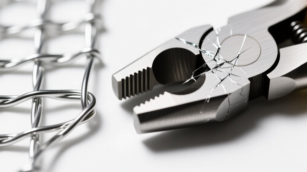 Macro shot of scratched silver wire weave next to a pristine one, showing tool marring from bare steel flat-nose pliers.