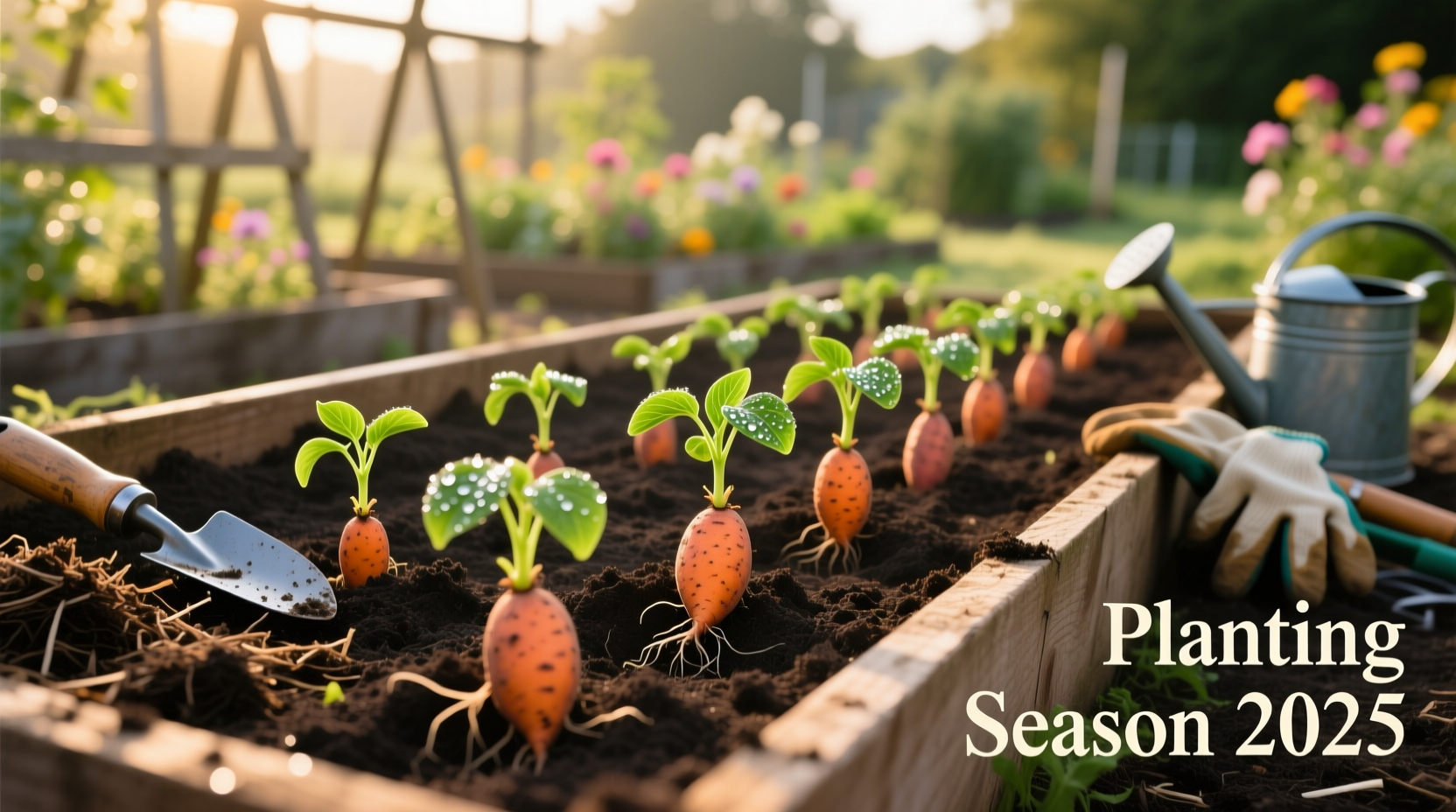 Sweet potato slips ready for planting in garden