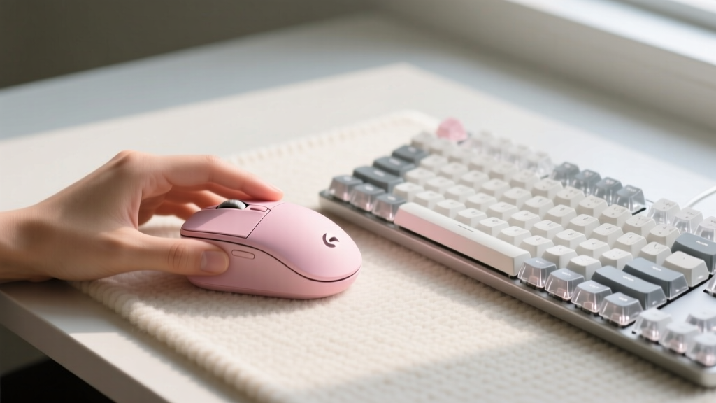 Close-up of a hand resting on a pastel pink Logitech Lift vertical ergonomic mouse next to a mechanical keyboard on a wool desk pad
