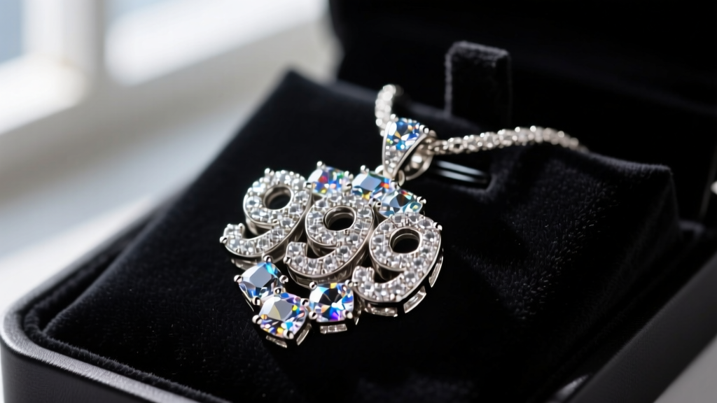 Close-up of an iced-out 999 hip-hop pendant with pave cubic zirconia stones resting on a dark velvet jewelry display pad