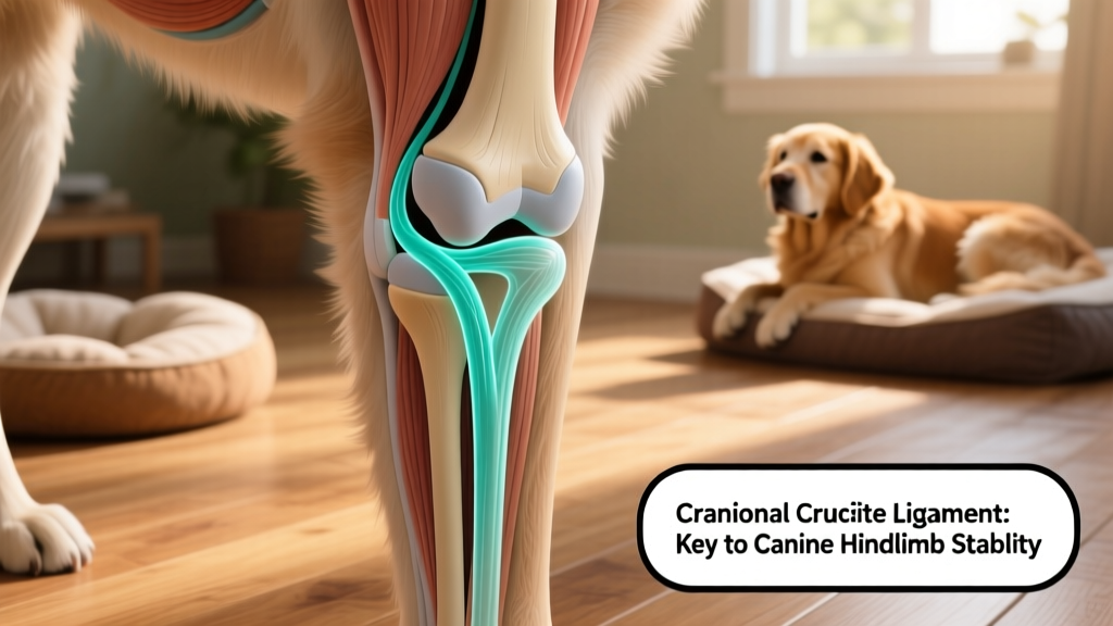 Anatomical diagram highlighting the cranial cruciate ligament within the canine stifle joint, showing its position between femur and tibia