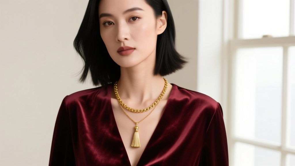 Close-up of a woman wearing a 30-inch gold sautoir necklace with a delicate tassel pendant resting on a silk evening blouse